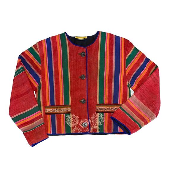 Rainforest Blues Vintage Red Striped Bolivian Wool Short Jacket Medium - Picture 1 of 8